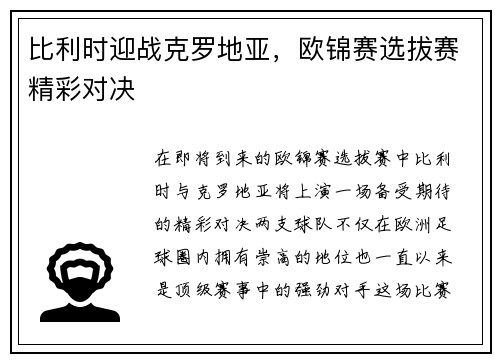 比利时迎战克罗地亚，欧锦赛选拔赛精彩对决