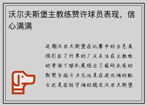 沃尔夫斯堡主教练赞许球员表现，信心满满