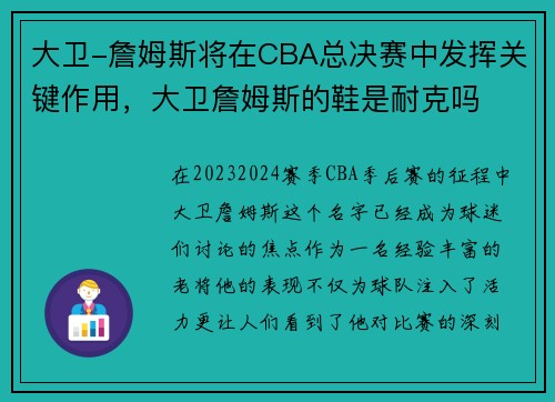 大卫-詹姆斯将在CBA总决赛中发挥关键作用，大卫詹姆斯的鞋是耐克吗