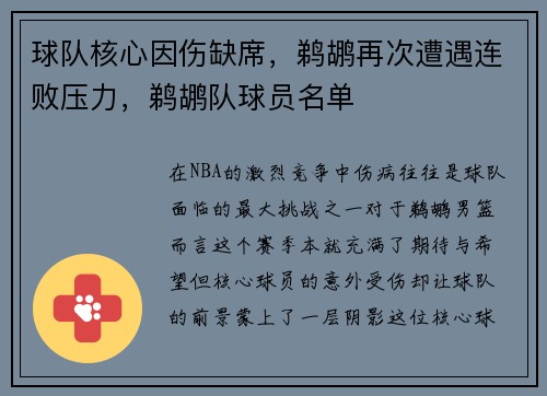 球队核心因伤缺席，鹈鹕再次遭遇连败压力，鹈鹕队球员名单