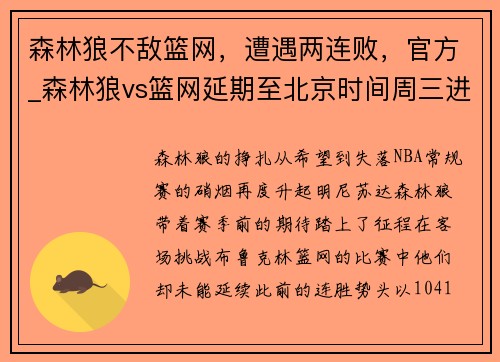 森林狼不敌篮网，遭遇两连败，官方_森林狼vs篮网延期至北京时间周三进行
