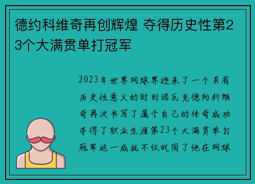 德约科维奇再创辉煌 夺得历史性第23个大满贯单打冠军