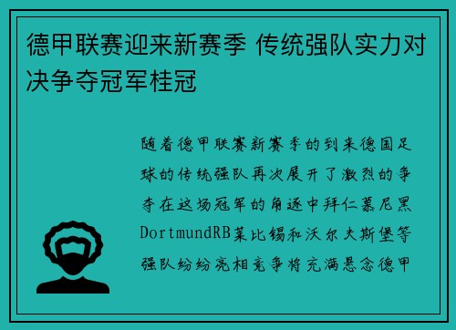 德甲联赛迎来新赛季 传统强队实力对决争夺冠军桂冠