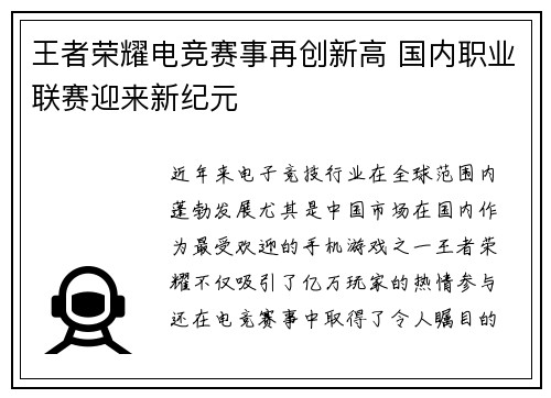 王者荣耀电竞赛事再创新高 国内职业联赛迎来新纪元